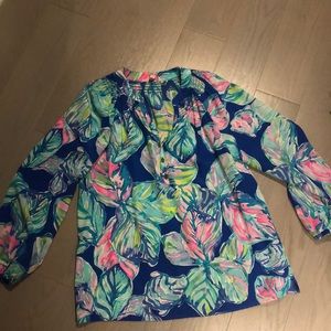 Lilly Pulitzer Blue and Pink Leaf Print Blouse